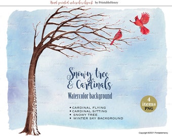 Peut inclure: Clipart aquarelle représentant un arbre enneigé avec des cardinaux rouges. Un cardinal est en vol et l'autre est perché sur une branche. L'arrière-plan est une aquarelle bleu clair. Le texte "Snowy tree & Cardinals" et "Watercolor background" est inclus dans l'image.