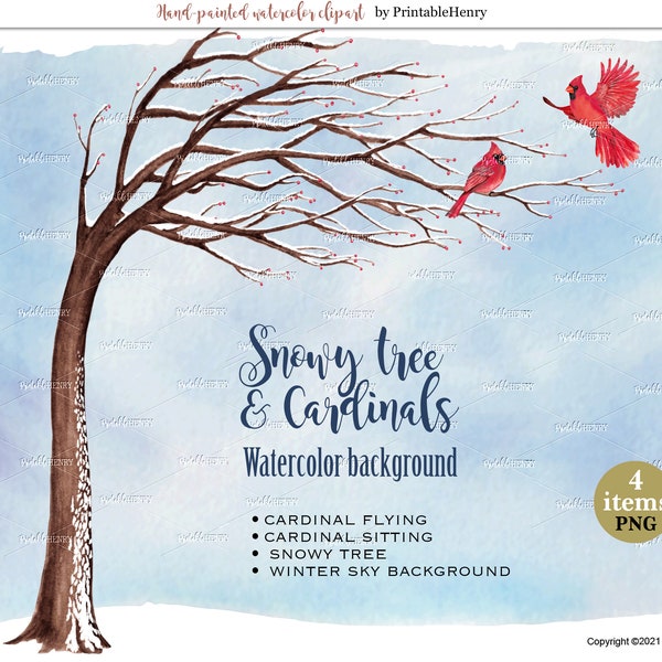 Winter sky, tree, cardinal bird, elements  hand-painted watercolor png digital download images