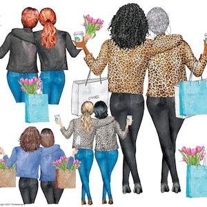 Clipart moeder dochter aquarel digitaal achteraanzicht vrouwen jas meisje moeder zussen, beste vrienden, portret maker met commerciële licentie