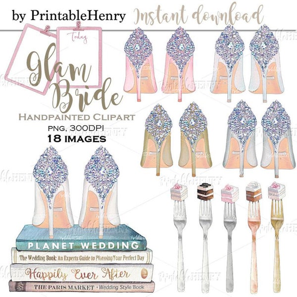 Glam Bride watercolor clipart wedding cake bridal books shoe graphics bridesmaid invites planner fashion illustration PrintableHenry
