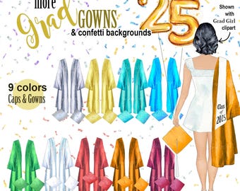 Peut inclure: Clipart aquarelle de robes et de coiffes de graduation en neuf couleurs. L'image comprend un ballon doré en forme de chiffre 25, des confettis et une figurine portant une robe de graduation avec "Class of 2025". Le texte indique "more Grad Gowns & confetti backgrounds."