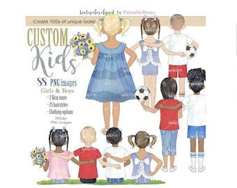 Peut inclure: Un ensemble de 88 illustrations numériques d'enfants, avec 3 tons de peau, 25 coiffures et diverses options de vêtements. Les illustrations sont dans un style aquarelle et sont parfaites pour créer des designs personnalisés.
