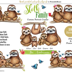 Faultier Familie Aquarell Clipart Portrait Maker, Baby, Mutter, Vater, Kinder, Urlaub, Digital Download Png-Dateien DIY benutzerdefinierte druckbare