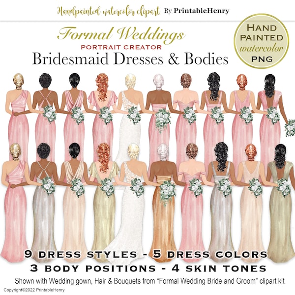 Bridesmaid dress watercolor clipart customizable wedding graphics maid of honor proposal best friend PrintableHenry