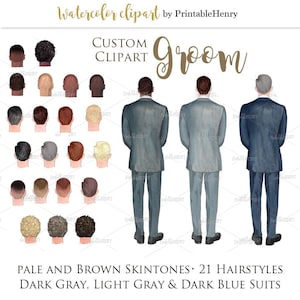 Clipart de acuarela de novio personalizado, colores de traje azul, gris y negro, peinados, tonos de piel pálidos y marrones, retrato de boda de vista posterior