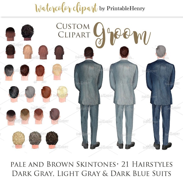 Custom Groom watercolor clipart, blue, gray, black suit colors, hairstyles, pale and brown skin tones, back view wedding portrait