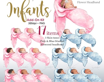 Peut inclure: Un ensemble de 17 illustrations numériques de bébés enveloppés dans des couvertures, peintes à l'aquarelle. L'ensemble comprend trois tons de peau, des couvertures roses et bleues, et un bandeau fleuri. Le texte "Printable Henry Infants Add-On Kit 300dpi. PNG 17 items 3 Skin tones Pink & Blue blanket Flowered headband" est inclus dans l'image.