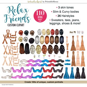May include: A digital illustration clipart set of 110 items for creating custom portraits. The set includes 3 skin tones, slim and curvy bodies, 26 hairstyles, sweaters, tees, jeans, leggings, shoes, and more.