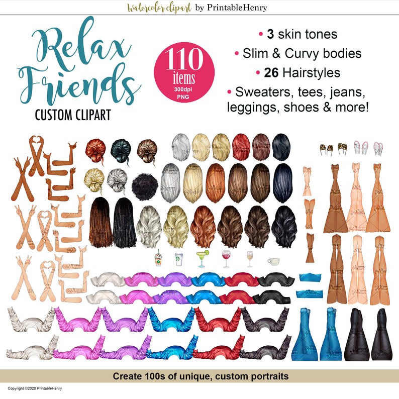 May include: A digital illustration clipart set of 110 items for creating custom portraits. The set includes 3 skin tones, slim and curvy bodies, 26 hairstyles, sweaters, tees, jeans, leggings, shoes, and more.