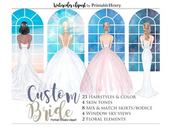 Peut inclure: Clipart aquarelle montrant quatre silhouettes en robes de mariée devant des fenêtres en arc avec des ciels variés. Le texte indique : Custom Bride, 23 HAIRSTYLES & COLOR, 4 SKIN TONES, 8 MIX & MATCH SKIRTS/BODICE, 4 WINDOW SKY VIEWS, 2 FLORAL ELEMENTS.