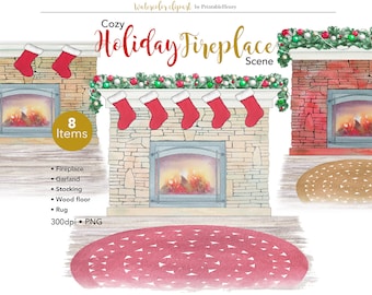 Watercolor Holiday fireplace stockings cozy rug Christmas room background scene PrintableHenry
