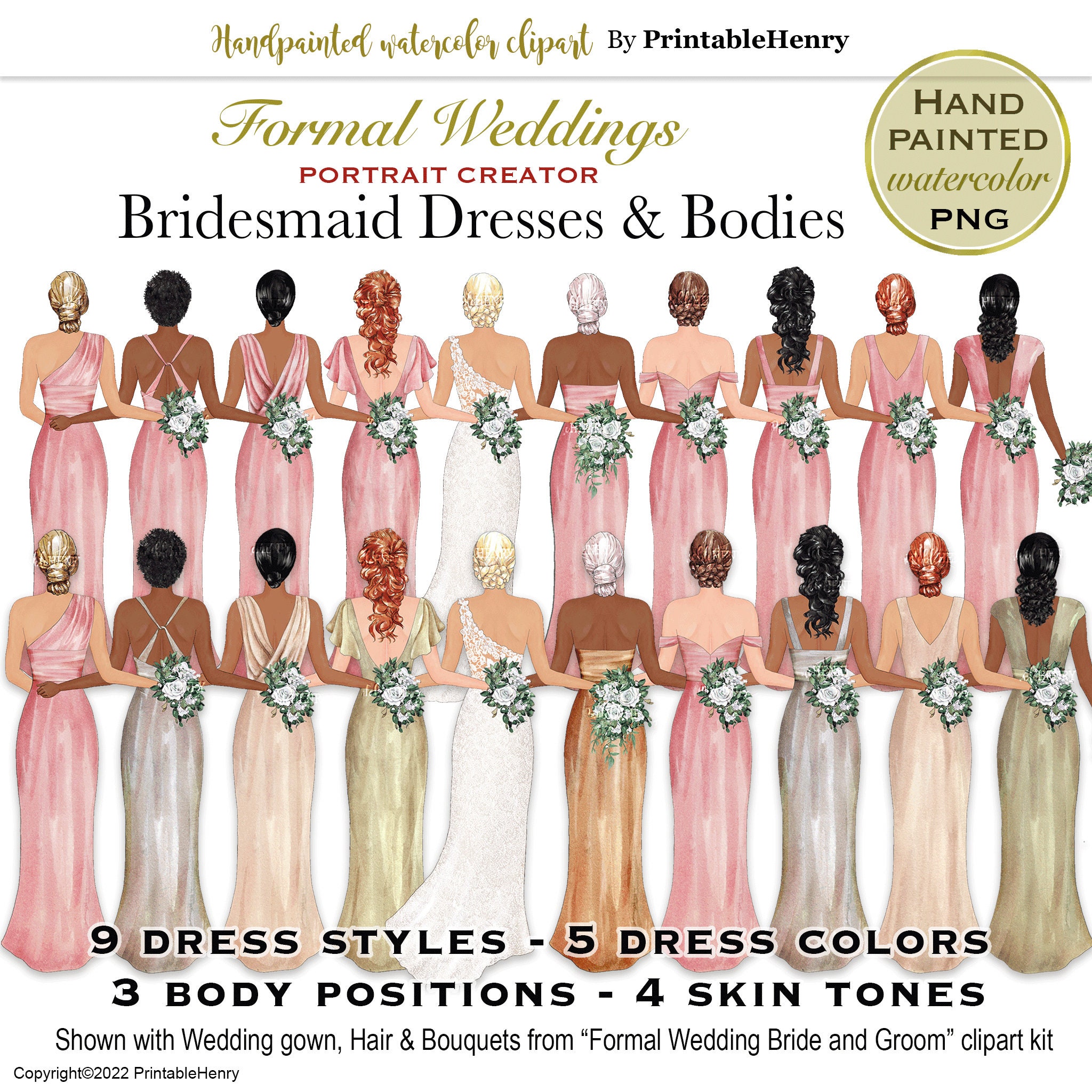 watercolor bridesmaid dress Bridesmaid Dress Hand-painted Watercolor Clipart: Customizable Wedding DIY portrait maker (PNG)