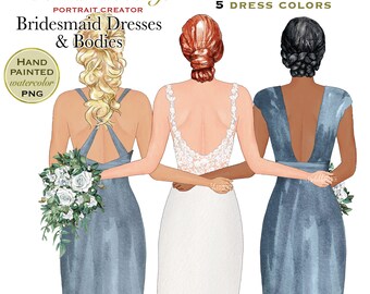 Peut inclure: Illustration à l'aquarelle de trois femmes en robes de soirée. L'image contient le texte "Formal Weddings" et "Bridesmaid Dresses & Bodies". Les robes sont dans des tons de bleu et de blanc, avec des bouquets et différentes coiffures. L'image indique également "9 Dress Styles" et "5 Dress Colors."