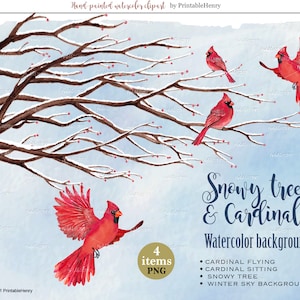 Cardinal Clipart Vogel Winter Himmel Baum png Aquarellelemente handgemalte Gedenkstätte digitaler Download Weihnachtsbilder
