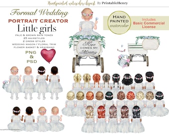 Peut inclure: Ensemble de clipart aquarelle de 25 petites filles en robes blanches avec différentes coiffures et teintes de peau. Les filles tiennent des paniers de fleurs et sont disposées en rangées. L'ensemble comprend également un chariot de mariage avec une pancarte indiquant "Voici vient ma maman" et un ballon en forme de cœur.
