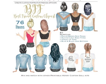 Peut inclure: Ensemble de clipart aquarelle de 76 éléments pour créer des portraits personnalisés de meilleures amies. L'ensemble comprend 29 coiffures, des tons de peau clairs et bruns, des types de corps fins et courbés, une variété de hauts et des jeans bleus et noirs. Le clipart présente quatre femmes avec différentes coiffures et tenues, y compris des vestes en jean et des jeans.