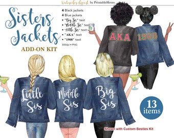 Peut inclure: Illustration numérique de quatre sœurs portant des vestes en jean avec les mots "Little Sis", "Middle Sis" et "Big Sis" au dos. Les deux sœurs à l'avant tiennent une margarita et un verre de vin. Les deux sœurs à l'arrière portent des vestes noires avec les lettres "AKA" et "1908" au dos.