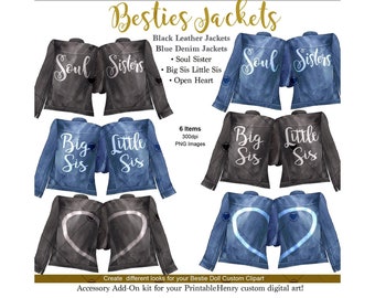 Peut inclure: Six illustrations à l'aquarelle de vestes en jean et en cuir avec différents textes au dos. Les textes incluent "Soul Sister", "Big Sis", "Little Sis" et "Open Heart".