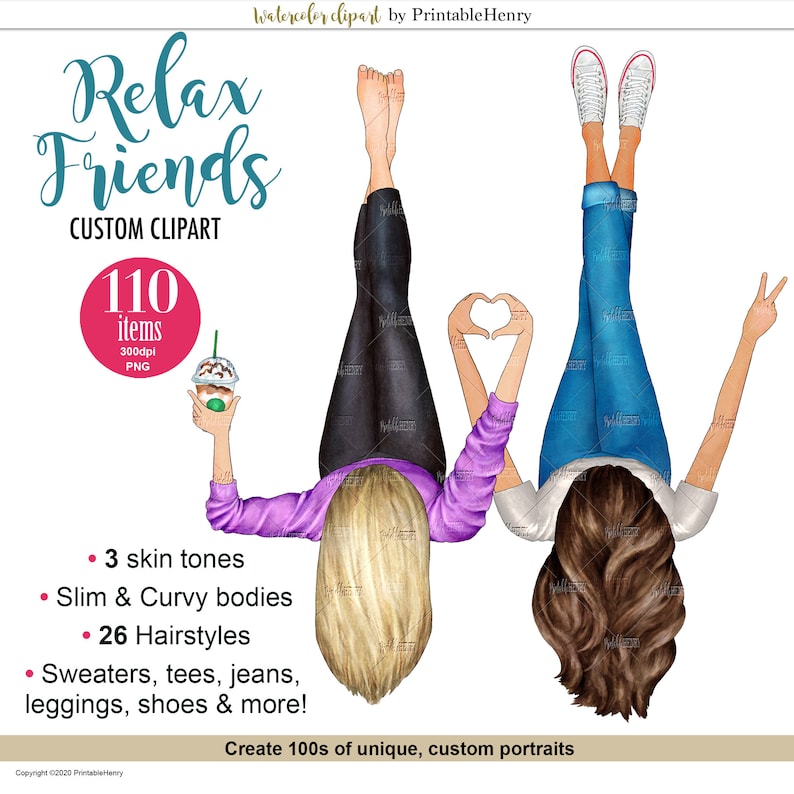 May include: Two friends, one with blonde hair and one with brown hair, are lying on their backs with their legs in the air. They are wearing casual clothing and smiling. The blonde friend is holding a green cup with a brown lid. The text "Relax Friends CUSTOM CLIPART" is at the top of the image. The text "110 items 300dpi PNG" is in a red circle.