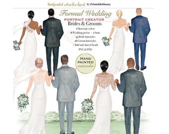 Peut inclure: Une collection numérique d'illustrations à l'aquarelle peintes à la main montrant des couples de mariage vus de dos. Le texte indique Formal Wedding Portrait Creator Brides & Grooms, 4 tons de peau, 8 robes de mariée, 4 costumes, 23 coiffures de mariée, 16 coiffures de marié, et PNG & PSD.