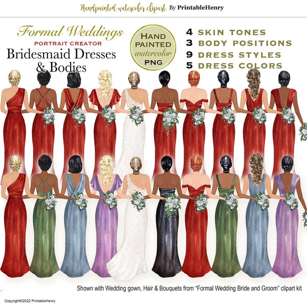 Bridesmaid dress watercolor clipart winter colors customizable wedding graphics maid of honor proposal best friend PrintableHenry