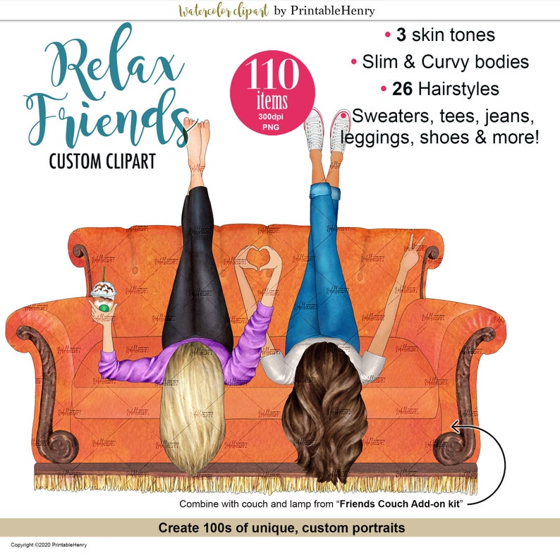 Friends Portrait Creator, Watercolor Clipart, Fashion Girls PNG Bundle image 4