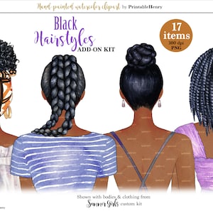 Black hairstyles clipart bundle African American girl hair back view watercolor png portrait braids, curly, natural fashion download
