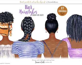 Peut inclure: Illustration numérique de trois femmes avec différentes coiffures noires. Les femmes portent des tenues variées et sont montrées des épaules vers le haut. L'image est intitulée "Black Hairstyles Add-On Kit" et "17 items 300 dpi PNG".