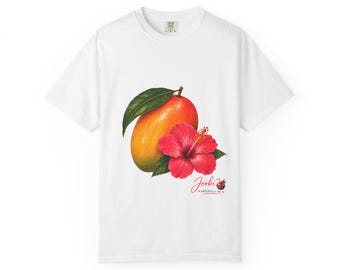 Koszulka z mango i hibiskusem | Koszulka z tropikalnymi owocami i kwiatami