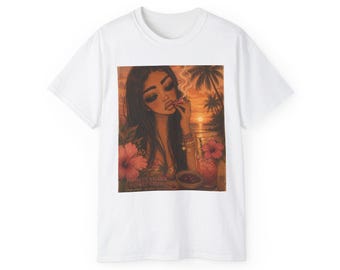 Koszulka Sunset Tropical Girl | Palmy, hibiskus, klimat retro