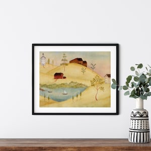 Home Decor Primitive Houses, Folk Art Painting, Country Homes on the Hillside, Country Sailing,Country Art Print by Artist Beth Stephens