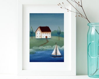 Folk Art Print, Primitive Art Print, Folk Art Nautical Painting, Primitive Sailing print, Sailing Country Scene Print