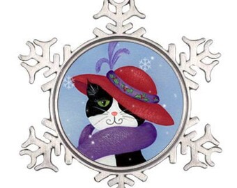 Cat Ornament, Black Cat with Red Hat, Pewter Ornament, Tuxedo Black Cat Painting, Red Hat's Society, Gift for Cat Lover!