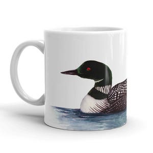 Loon Coffee Mug, Optional Maine Lettering on back, Art Mug, Optional Name customization, 11oz Loon permanently printed on white glossy mug