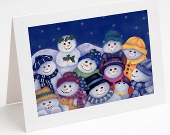 Snowman Blank Note Card, 4.25"x5.5" Card with Envelope, Art Card Titled Snowman Gathering