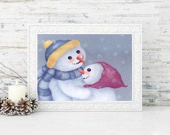 Snowmen Art Print, Christmas Print of Snow babies