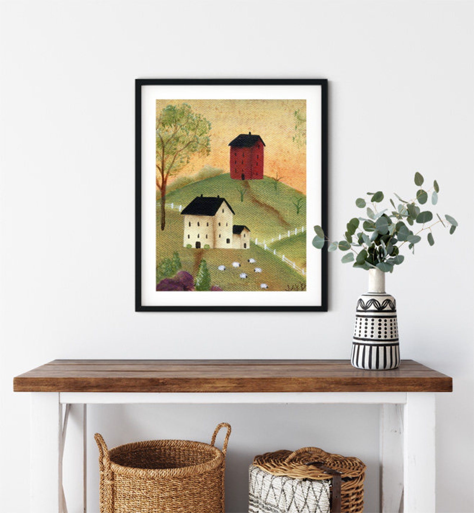 Wall Decor Primitive Houses With Sheep Folk Art Painting - Etsy