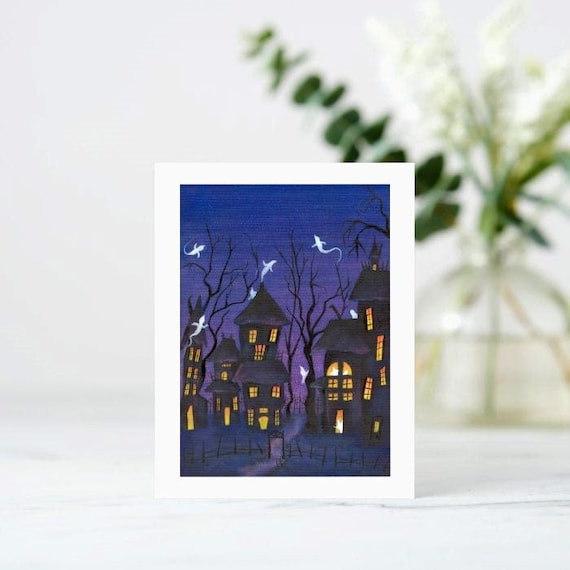 Halloween Note Card, Haunting Houses Blank Card, Happy Haunting A2 Size Card, Halloween Notecard Sets, Fine Art Notecards