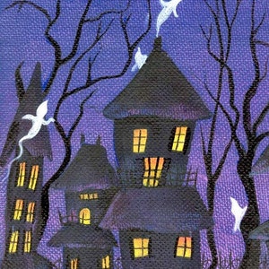 May include: A whimsical Halloween-themed painting featuring several dark, spooky houses with glowing yellow windows and doors. White ghost figures float in the night sky, and bare tree branches frame the scene against a deep purple background.