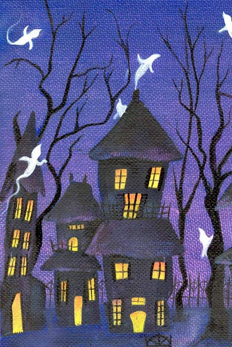 May include: A whimsical Halloween-themed painting featuring several dark, spooky houses with glowing yellow windows and doors. White ghost figures float in the night sky, and bare tree branches frame the scene against a deep purple background.