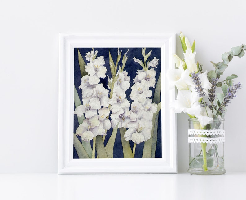 Gladiolus Watercolor Painting, White Gladiolus Art print for home decor wall art image 7