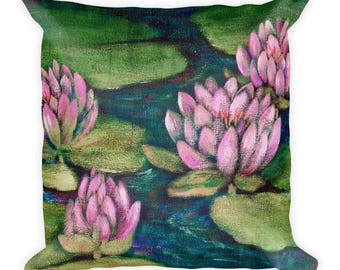 Pink Waterlilies Pillow, Square Printed Pillow, Waterlilies Print, Polyester Fleece Cover & Poly Insert, Original art by Beth Stephens