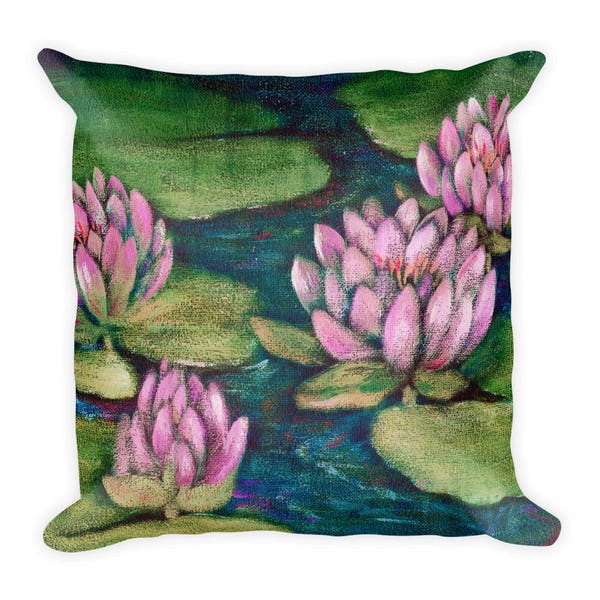 Pink Waterlilies Pillow, Square Printed Pillow, Waterlilies Print, Polyester Fleece Cover - Poly Insert, Art original de Beth Stephens