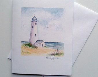 Nantucket Lighthouse Blank Note Card, 4.25x 5.5 Notecard, Lighthouse Watercolor Card, Lighthouse Blank Stationery