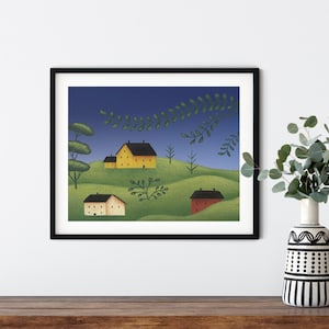 Wall Decor, Primitive Houses Painting, Folk Art Matted Art print, Country Scene Painting by Beth Stephens