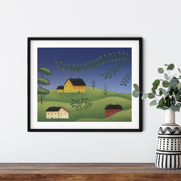 Wall Decor, Primitive Houses Painting, Folk Art Matted Art print, Country Scene Painting by Beth Stephens