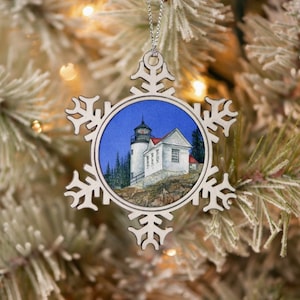 Lighthouse Ornament, Nautical Painting of Bass Harbor Lighthouse, Pewter Ornament, Snowflake Ornament, Bar Harbor Lighthouse Lovers Gift