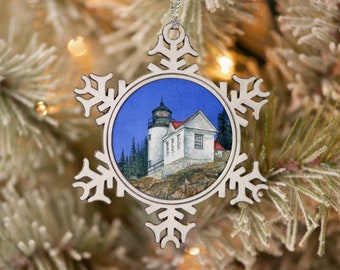 Lighthouse Ornament, Nautical Painting of Bass Harbor Lighthouse, Pewter Ornament, Snowflake Ornament, Bar Harbor Lighthouse Lovers Gift