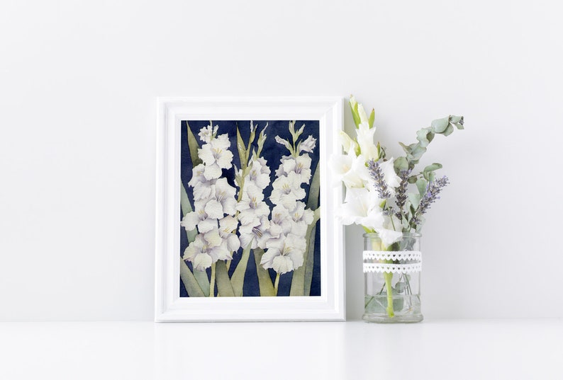 Gladiolus Watercolor Painting, White Gladiolus Art print for home decor wall art image 2