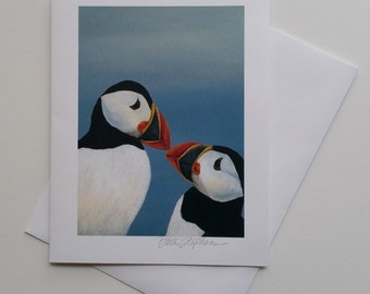 Kissing Puffins Stationery, Blank Note Card, 4x6 art card, Painting of Two Puffins Kissing